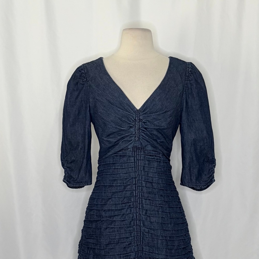 TANYA TAYLOR Pansy Dress Blue Denim Pleated Mini Puffed Sleeves Flirty Size 6 - Picture 4 of 16